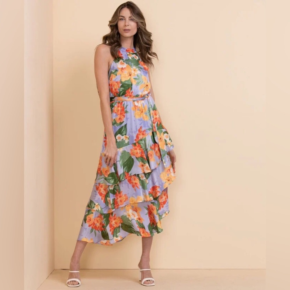 Ricki’s Purple Floral Asymmetrical Ruffle Halter Dress